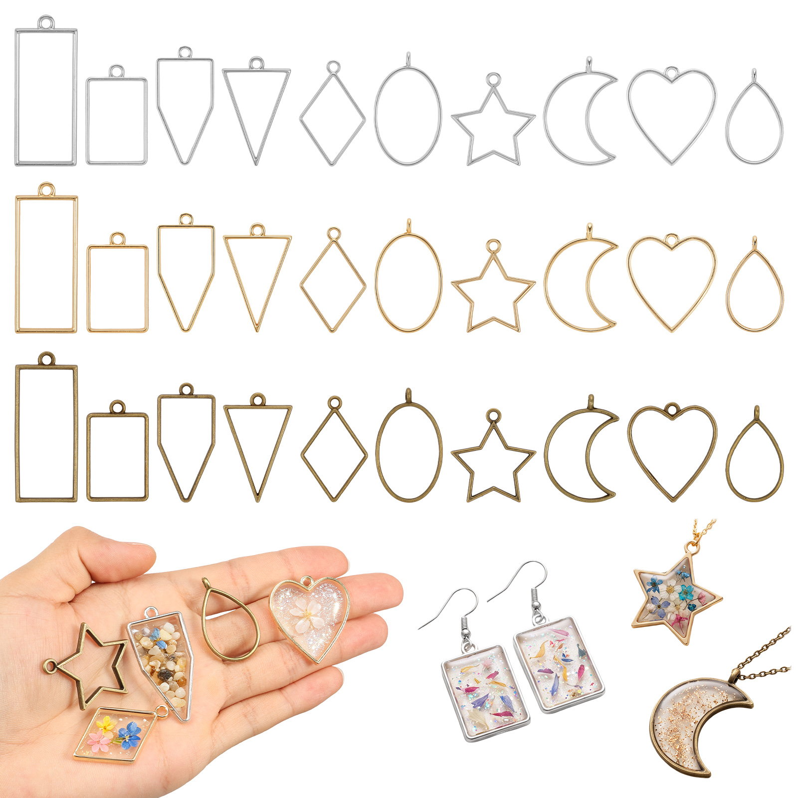 Bezels Pendant Resin - 30 шт. металлических геометрических подвесок-рамок с